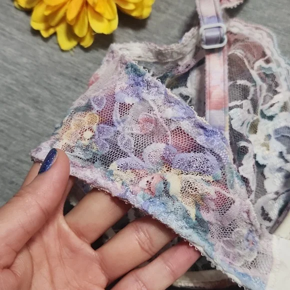 Vintage Watercolor Rainbow Sheer Floral Lace Lingerie Unlined Wired Bra Bralette